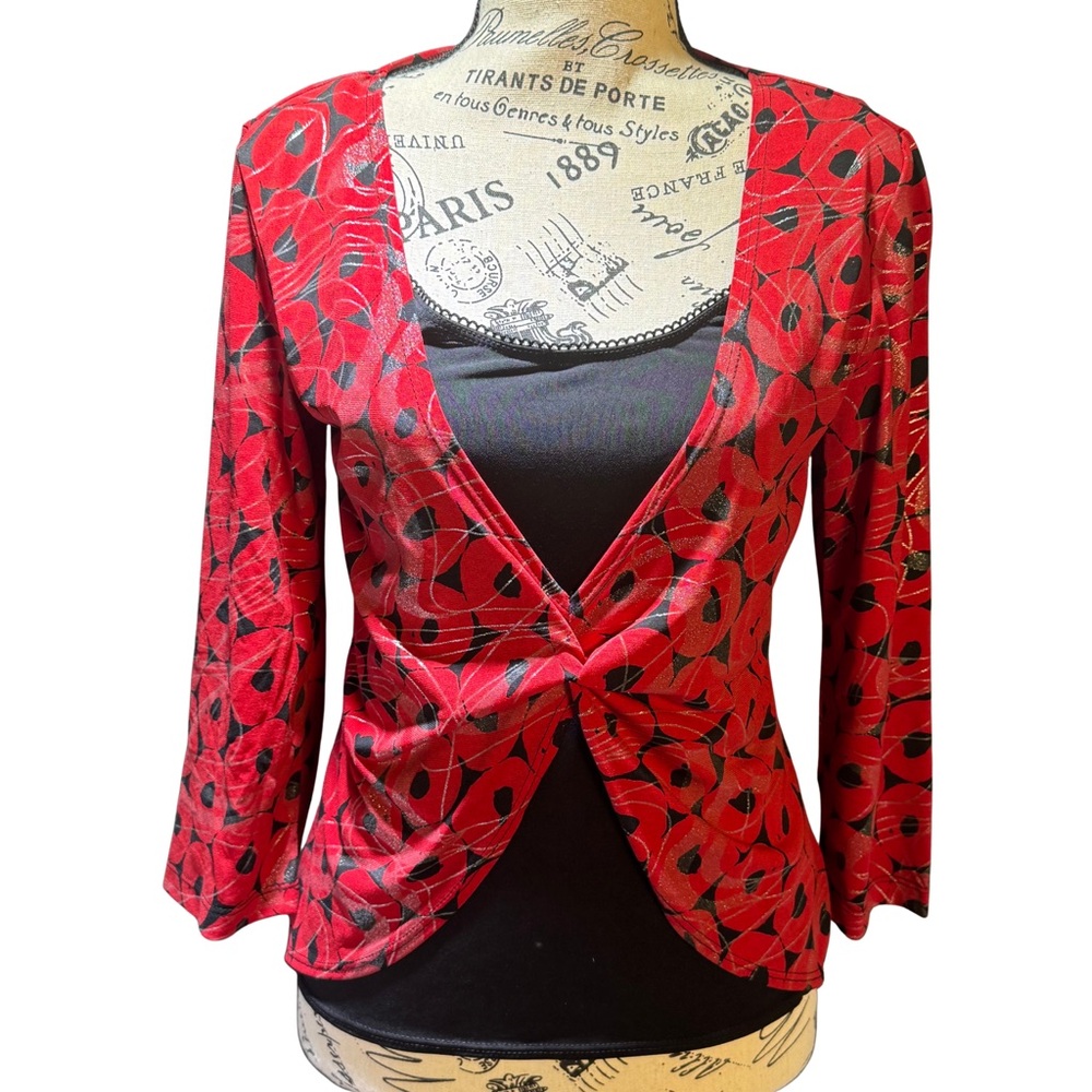 Vintage Y2K BCX Red Artsy Faux Wrap‎ Ling Sleeve Blouse 90s 00s Corpcore Large